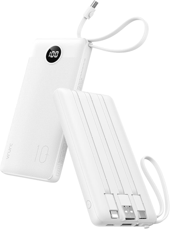 VRURC Portable Charger Power Bank, USB C Battery Pack 10000mAh,5 Outputs 2 Inputs Pocket Travel Charging Bank Built-in Cables for iPhone 17 Pro 17 16 15 14 13,Samsung,Android-White(1 Pack) by Home