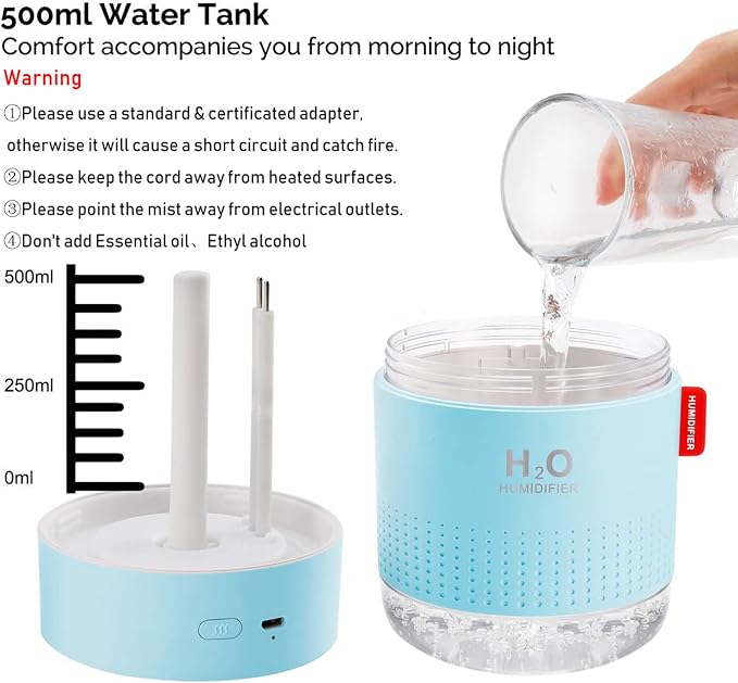 Portable Mini Cool Mist Humidifier, 500ml USB Personal Desktop Humidifier for Baby Bedroom Travel Office Home, Auto Shut-Off, 2 Mist Modes, Super Quiet, Blue - Image 5