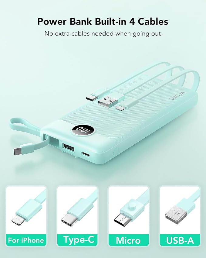 VRURC Portable Charger for iPhone, Compact Travel Power Bank 10000mAh, USB C Battery Pack 4 Outputs 3 Inputs, Slim Phone Charger with Cables for iPhone 17 16 15 14 13,Samsung Galaxy-Green(1 Pack) - Image 2