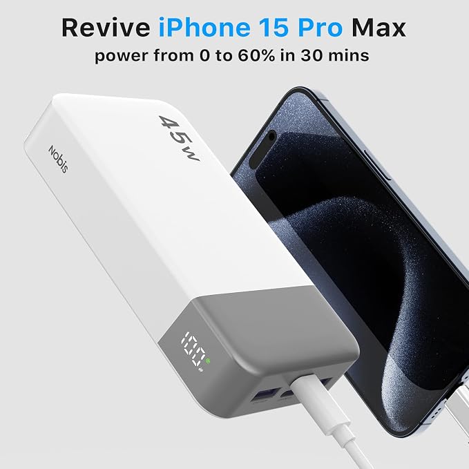 NOBIS Portable Charger, 20000mAh Power Bank, 45W Power Bank Fast Charging, Battery Pack with C to C Cable, Battery Bank with Digital Display for iPhone Android Laptop etc (White) - Image 2