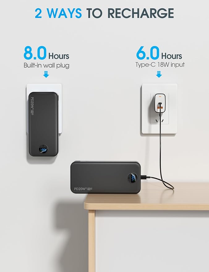 citicr Portable Charger Power Bank, 20000mAh PD20W USB C Fast Charging with Built-in Cables & Wall Plug, External Battery Bank with LED Display, Travel Essential for iPhone, iPad, Samsung Black - Image 6