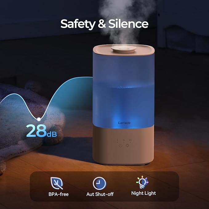 2.5L Humidifiers for Bedroom, Top Fill Cool Mist Humidifiers for Large Room, Easy to Fill & Clean, 30H Runtime, 28dB Quiet Air Humidifier for Plants, Baby Nursery with Night Light - Image 6