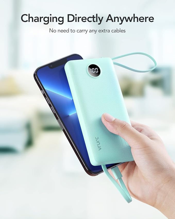VRURC Portable Charger for iPhone, Compact Travel Power Bank 10000mAh, USB C Battery Pack 4 Outputs 3 Inputs, Slim Phone Charger with Cables for iPhone 17 16 15 14 13,Samsung Galaxy-Green(1 Pack) - Image 8
