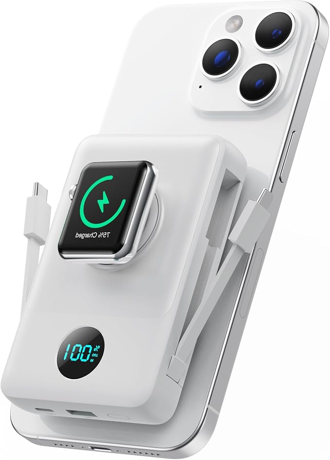 Magnetic Portable Charger for MagSafe with Built-in Cable, iWatch Charger, 10800mAh Wireless Power Bank Travel Essentials, 25W PD Fast Charging Battery Pack for iPhone 17/16/15/14/13,Apple Watch-White by Ekrist