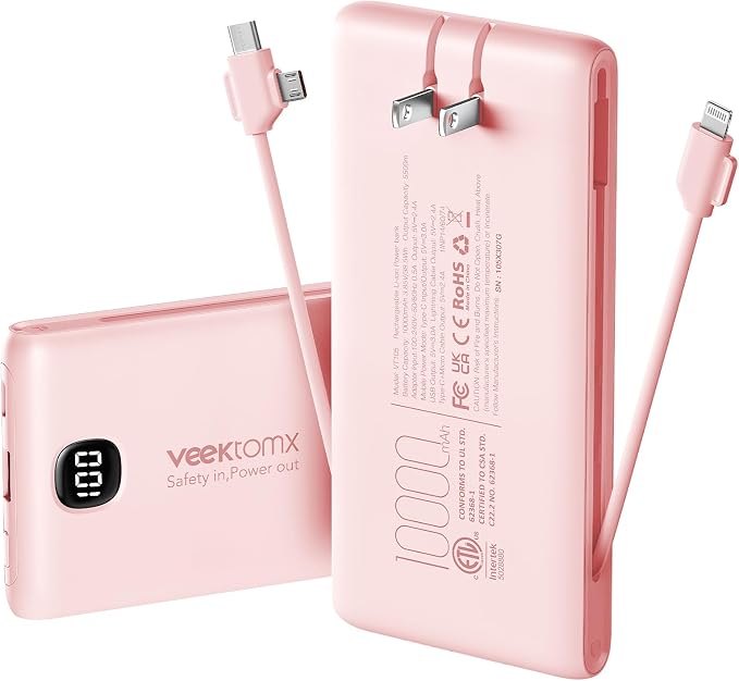 Portable Charger Power Bank Built in Cables and Wall Plug, 10000mAh iPhone Battery Pack Fast Charging, USB C External Slim Power Bank, Travel Essentials Compatible with iPhone 16 15 14 13 iPad, Pink by VEEKTOMX