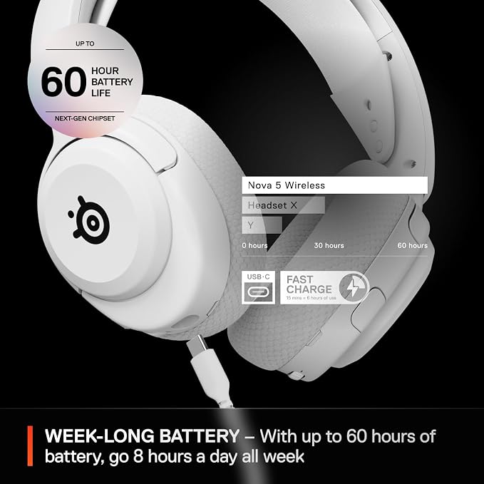 SteelSeries Arctis Nova 5 Wireless Multi-System Gaming Headset — White — Neodymium Magnetic Drivers — 100+ Audio Presets — 60 HR Battery — 2.4GHz or BT — Gen2.X Mic — PC, PS5, PS4, Switch, Mobile - Image 5