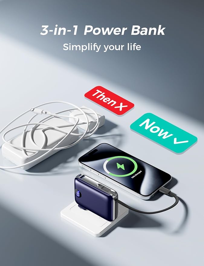 Portable Charger with Built-in Cables & Wall Plug, 10000mAh Power Bank, 4 Outputs 22.5W USB C Fast Charging, Slim Travel Battery Pack with LED Display for iPhone 17/16/15/14, DarkBlue - Image 2