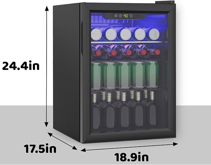95 Can Mini Fridge, 2.6 Cu.Ft Beverage Refrigerator Glass Door | Drink Cooler for Soda Wine Beer, Adjustable Temp Small Fridge for Home Office Bar, Reversible Door, Black (40-61℉) - Image 3