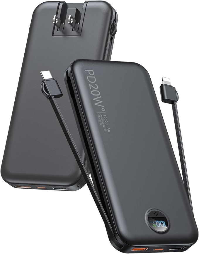 Portable Charger, 10000mAh PD20W Fast Charging Power Bank with Built-in Cables & Wall Plug, External Battery Pack with LED Display, Travel Essentials Battery Bank for iPhone, iPad, Samsung Matte Black by CITICR