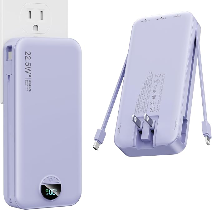Portable Charger, 20000mAh 22.5W Fast Charging Power Bank with Built-in Cables & Wall Plug, USB C External Battery Pack with LED Display, Travel Essentials Phone Charger for iPhone iPad Samsung Purple by NUSYDDY