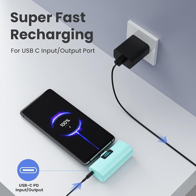 Mini Portable Charger USB C Power Bank,Upgraded 5500mAh PD Fast Charging Battery Pack Built-in USB-C Connector Travel Essential for iPhone17/17Pro/17Pro Max/Air/16 Plus/16Pro Max/15 Series (Green) - Image 2
