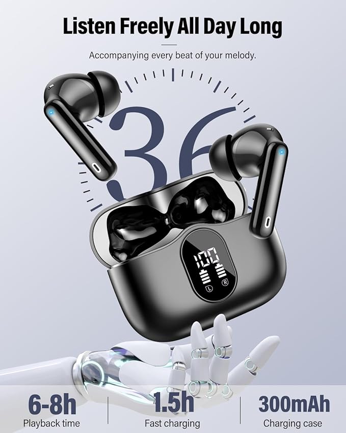 Wireless Earbuds, Bluetooth 5.4 Headphones Bass Stereo/Clear Calls, Black | Ear Buds with Noise Cancelling Mic LED Display in Ear Earphones IP7 Waterproof 36H Bluetooth Earbuds for Phones/Sport/Laptop - Image 5