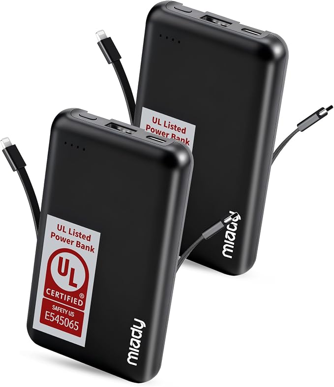 Miady 2-Pack UL Listed Small Portable Charger, 5000mAh Slim Power Bank Built-in 2 Cables Compatible with iPhone 17/16/15/14/13 Galaxy S24/S22 etc (2 Black) by Miady