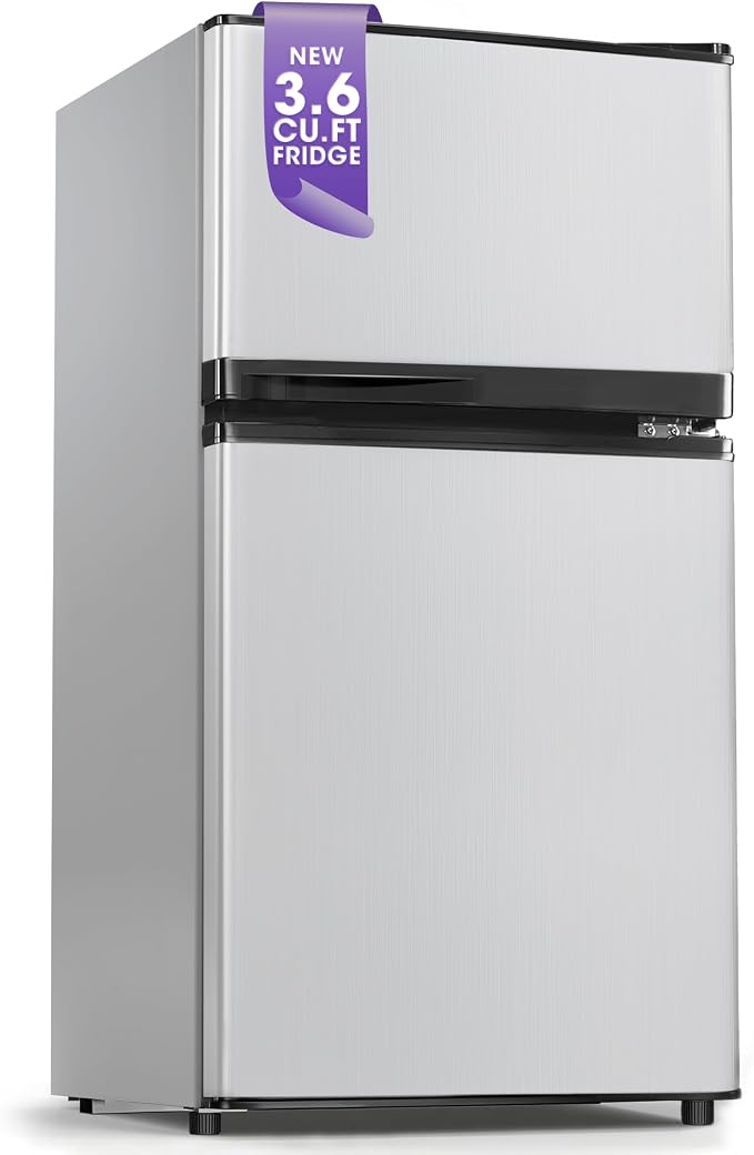 Tehanld 3.6 Cu.Ft Mini Fridge with Freezer for Dorm Office, Silver | Double Door Compact Refrigerator with Low Noise Technology, Removable Shelves for Bedroom and Apartment Storage by Tehanld