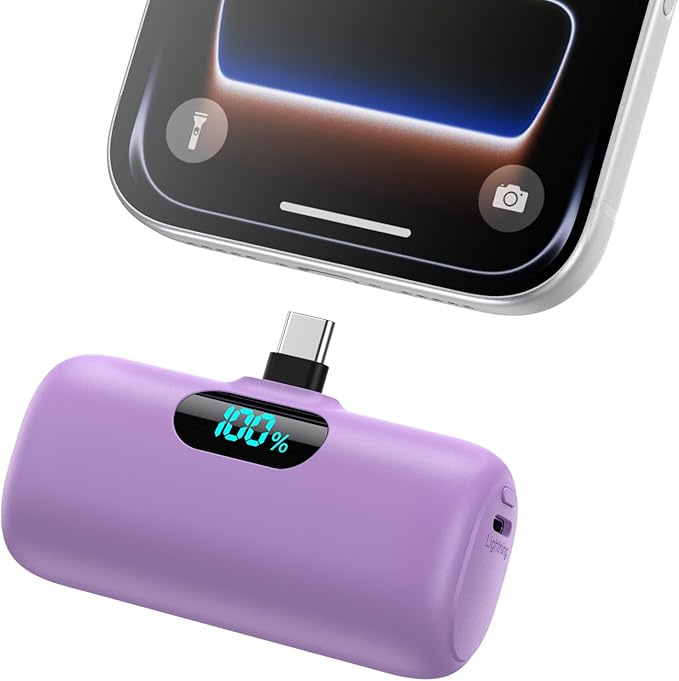 Mini Portable Charger 5000mAh Power Bank, 15w PD USB C Cell Phone Portable Power, LCD Display Battery Pack Compatible with Android Phone/Samsung Galaxy S22,S21/Note/Pixel/OnePlus 9 etc (Light Purple） by Feob