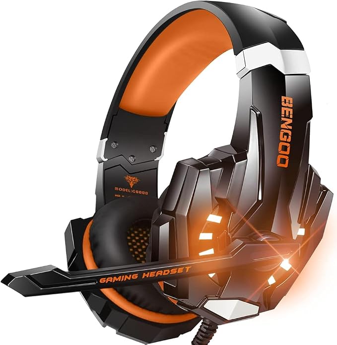BENGOO G9000 Stereo Gaming Headset for PS4, PC, Xbox One Controller, Noise Cancelling Over Ear Headphones with Mic, LED Light, Bass Surround, Soft Memory Earmuffs (Orange) by BENGOO