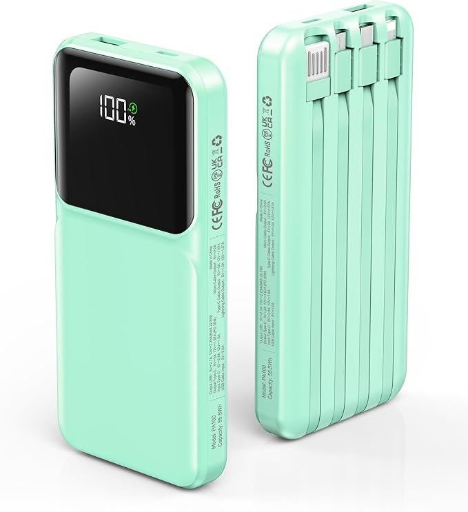 RONEGN Portable Charger with Built in Cable - Power Bank Fast Charging USB C LED Display 10000mah Battery Pack 5 Outputs & 3 Inputs for Travel Essentials iPhone Samsung Android Phones Tablets Cyan by RONEGN