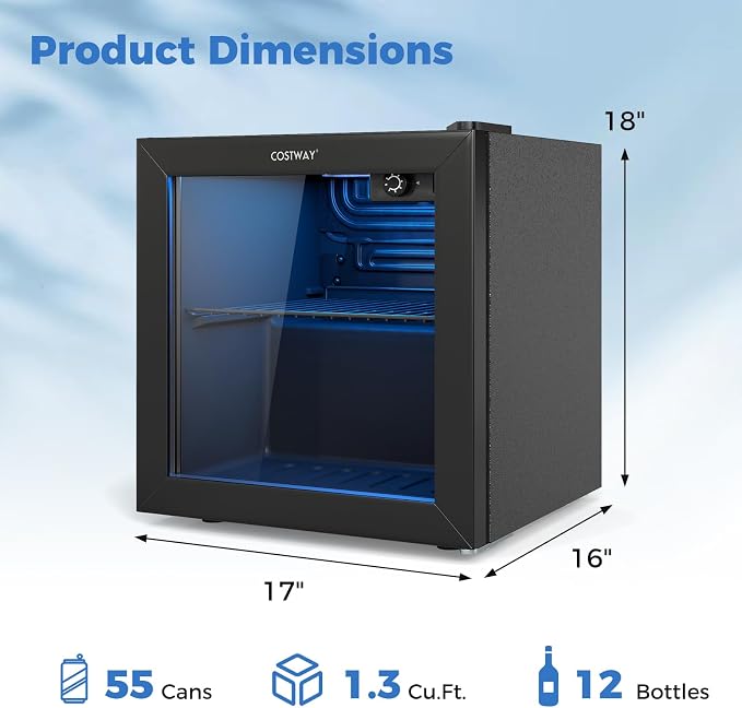 COSTWAY 1.3 Cu. Ft. Beverage Refrigerator Cooler, 55 Cans Mini Fridge | 12 Bottles Tempered Glass Door, Removable Shelf & Adjustable Temperatures, Compact Drink Cooler for Wine, Beer & Soda - Image 3