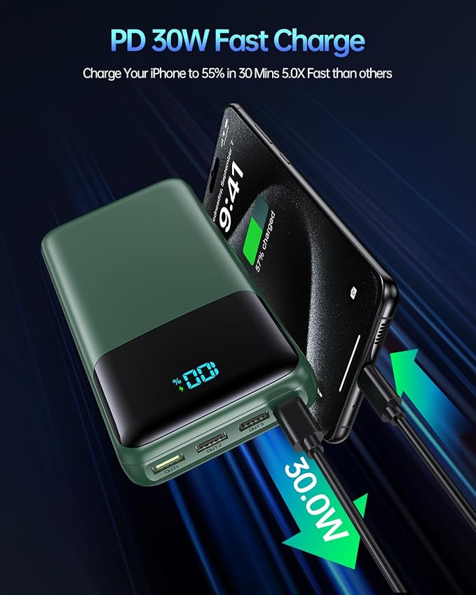 Portable Charger Power Bank 50000mAh, USB-C PD 30W Fast Charging External Battery Pack with 4 Outputs & 2 Inputs, Portable Phone Charger for iPhone 17/1615/14/13/12/11 Samsung Android (Dark Green) - Image 3