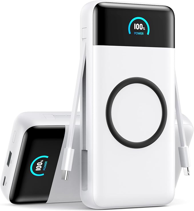 YHO Wireless Portable Charger 40800mAh for iPhone with Built-in Cables, 15W Wireless Charging USB C Power Bank,25W PD Fast Charging Travel Essential Battery Pack for iPhone 17/16/15,Android-White by YHO