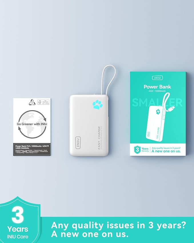 INIU Portable Charger, Slim 45W 10000mAh Power Bank with Build in USB-C Cable for Travel, Fast Charging USB C in&Out Battery Pack, External Phone Charger for iPhone 17 16 15 Samsung S25 S24 Google etc - Image 8