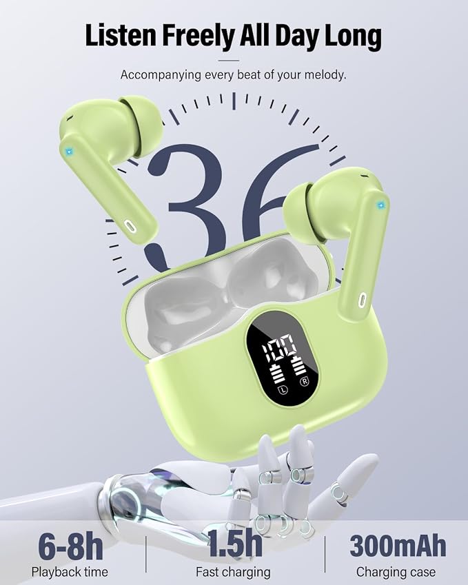 Wireless Earbuds, 2026 Bluetooth 5.4 Headphones Bass Stereo, Grass Green | Ear Buds with Noise Cancelling Mic LED Display in Ear Earphones IP7 Waterproof 36H Bluetooth Earbuds for Phones/Sport/Laptop - Image 7