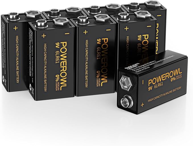 POWEROWL High Capacity 9V Batteries 8 Pack, Alkaline 9 Volt Battery 6LR61 by POWEROWL