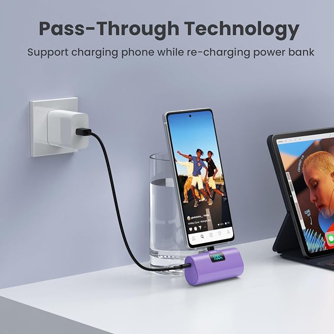 [2-Pack]Small Portable Charger 5200mAh, Upgraded PD USB C Power Bank Built-in USB-C Connector,LCD Display Battery Pack Compatible with iPhone 15/15 Plus/15 Pro/15 Pro Max/Samsung Android(Blue+Purple) - Image 4