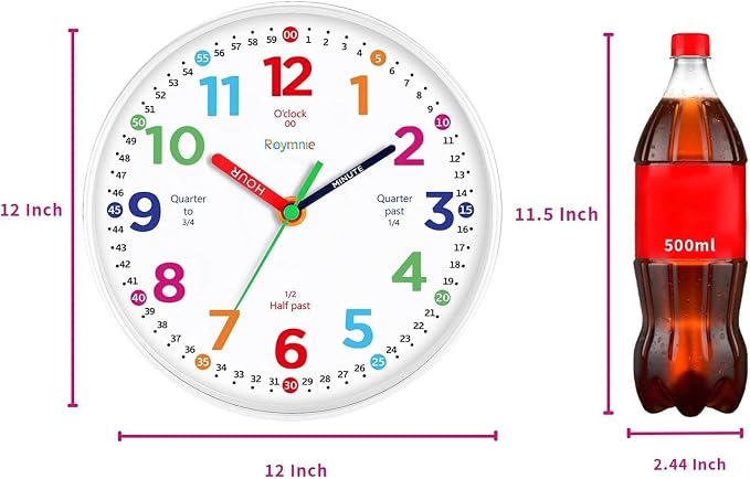 Roymnie12 Inch Wall Clock for Kids Learning to Tell Time Easily Analog Non - Image 2