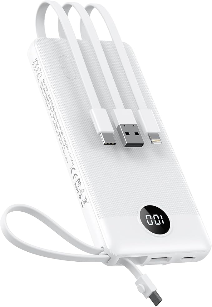 VEEKTOMX Portable Charger Built-in Cables, 10000mAh Power Bank for iPhone, Fast Charge USB C Battery Pack Travel Essentials Powerbank Compatible with iPhone 17/16/15/14, Samsung S25/24, Android, etc by VEEKTOMX