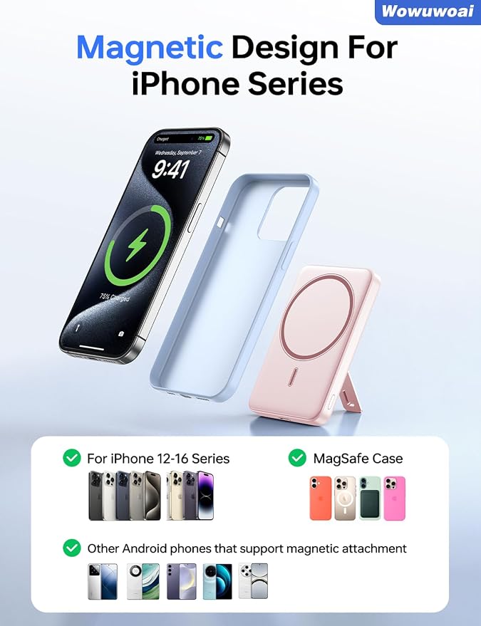 for Magsafe Portable Charger, 10000mAh Wireless Power Bank with Stand, USB C PD 20W Fast Charging Powerbank, Magnetic Battery Pack Compatible for iPhone 17/16/15/14/13/12 Series - Pink - Image 7