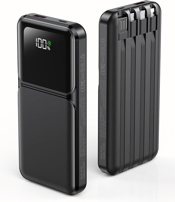 RONEGN Portable Charger with Built in Cable - Power Bank Fast Charging USB C LED Display 10000mah Battery Pack 5 Outputs & 3 Inputs for Travel Essentials iPhone Samsung Android Phones Tablets Black by RONEGN
