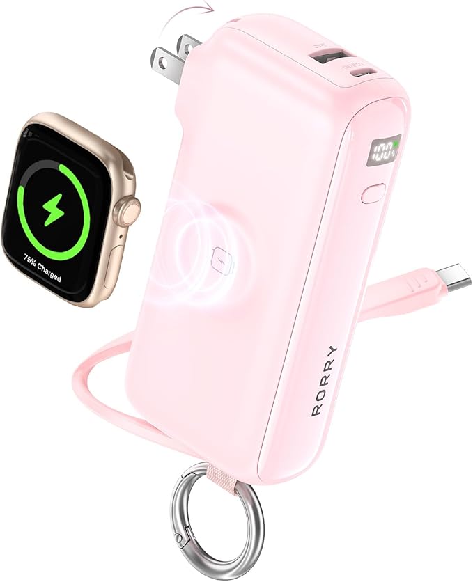 RORRY Flow Portable Charger, 10000mAh 40W Fast Charging Power Bank with Built-in USB C Cable and Foldable Wall Plug, Battery Pack Travel Essentials for iPhone 17/16/15, Apple Watch, iPad, MacBook by RORRY