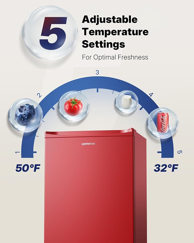 Upstreman 3.2 Cu.Ft Mini Fridge with Freezer, Red-BR321 | Adjustable Thermostat, Energy Saving, Low Noise, Reversible Door, Small Refrigerator for Dorm, Bedroom, Office - Image 3