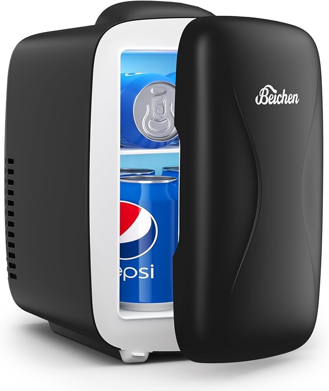 BEICHEN Mini Fridge, 4L/6 Can Portable Small Refrigerator Cool&Warm, AC/DC | Black Mini Refrigerator for Drinks Food, Fast Cooling Low Noise Mini Fridge for Bedroom Car Office, Makeup Skincare Fridge by BEICHEN
