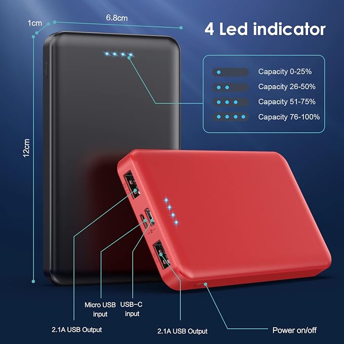 [2 Pack] Portable Charger Power Bank 10000mAh,Ultra Slim Compact External Battery Pack with USB C Input & Dual USB Outputs Backup Charger Compatible with iPhone 13,12, Samsung S20,Tablet-Black+Red - Image 5