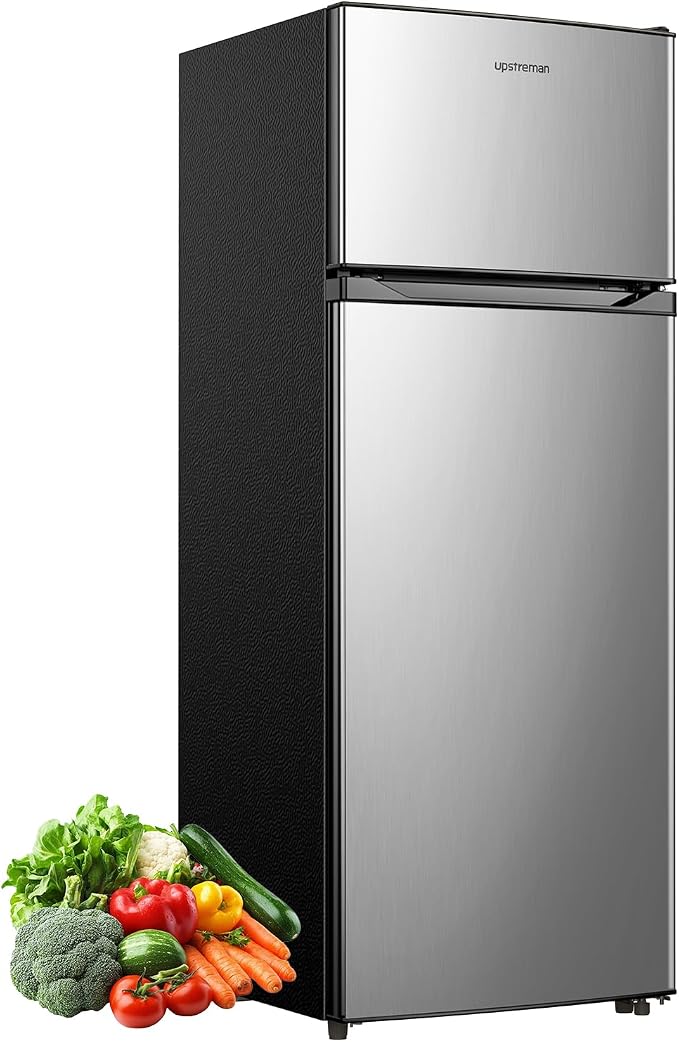 Upstreman 7.7 Cu.Ft. Refrigerator with Freezer Double Door Refrigerator | 7 Adjustable Thermostat, Large Capacity, Reversible Door Swing, Refrigerator for Apartment, Office, Dorm, Stainless (SD75) by StartUpLiveBetter