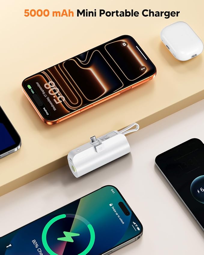 5000mAh Mini Portable Charger with Built-in Type C Connector & Cables,5V 2.4A USB-C Small Power Bank,2 Output Flashlight External Battery Pack Compatible with iPhone 17-12 Pro Galaxy,iPad (White) - Image 5