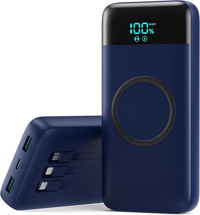 YHO Wireless Portable Charger 40800mAh for iPhone with Built-in Cables,15W Wireless Charging USB C Power Bank,25W PD Fast Charging Travel Essential Battery Pack for iPhone 17/16/15/14-Dark Blue by YHO