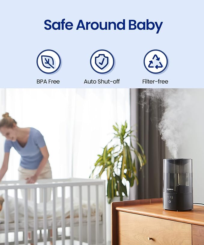 Humidifiers for Bedroom (1.1L), Small Cool Mist Humidifier for Home Plant and Baby Nursery, Quiet Ultrasonic Humidifier with 360° Nozzle, Auto Shut-Off, Filterless, Black - Image 4