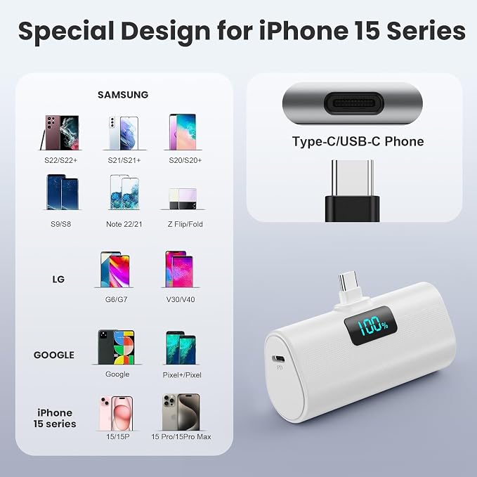 Small Portable Charger 5200mAh,Upgraded PD USB C Power Bank Built-in USB-C Connector,LCD Display Battery Pack,Compatible with iPhone 17/16/15/15 Plus/15 Pro/15 Pro Max/Galaxy Android Phone, White - Image 4