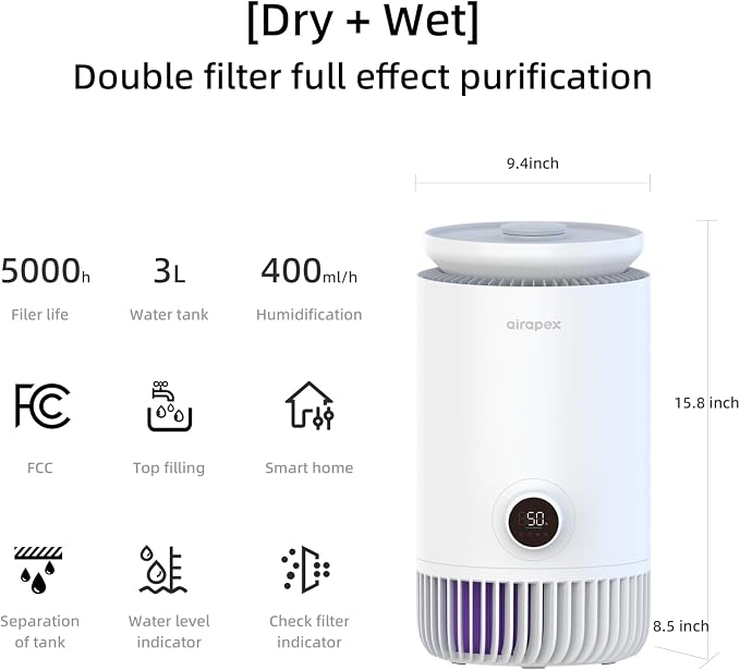2 in 1 Air Purifier and Evaporative Humidifier Combo for Bedroom, H13 True HEPA Filter, Cool Mist-Free Air Humidifier evaporative WIFI Connect - Image 7
