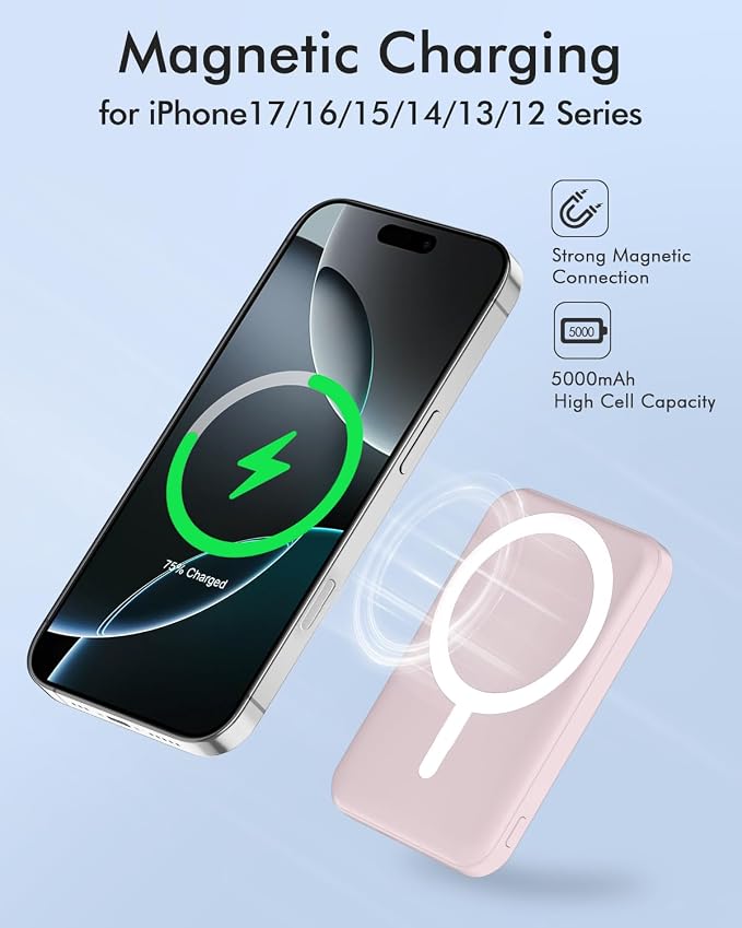 podoru for Magsafe Battery Pack, 5000mAh Magnetic PowerBank with Type-C Cable 20W PD Fast Charging Lighting Input Wireless Charger for iPhone 17/16/15/14/13/12/ All Series-Light Pink - Image 3