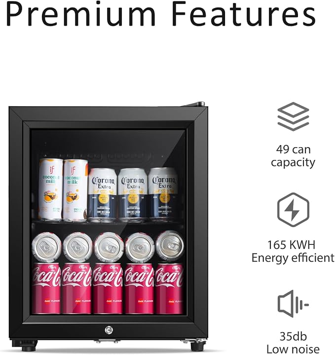 Saeoola Beverage Refrigerator, 1.3 Cu.ft Mini Fridge with Double Glass Door, Cooler for Soda, Beer or Wine for Home, Office or Bar with Adjustable Removable Shelves (Black) - Image 2