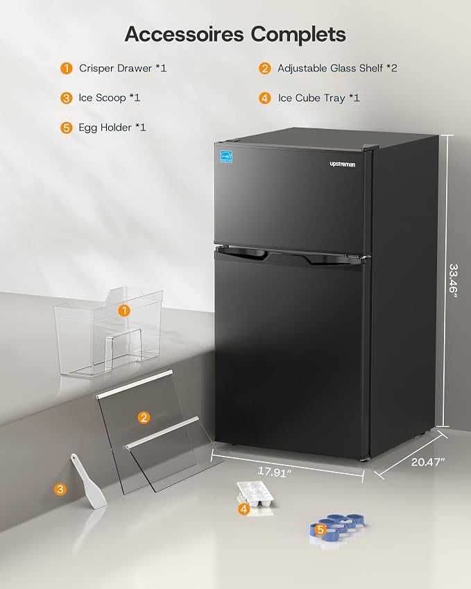 Upstreman 3.1 Cu.Ft Mini Fridge with Freezer, Double Door Small Refrigerator, Adjustable Thermostat, Energy Star Certified Low Noise Mini Refrigerator for Bedroom, Dorm, Apartment Black-TM31 - Image 2
