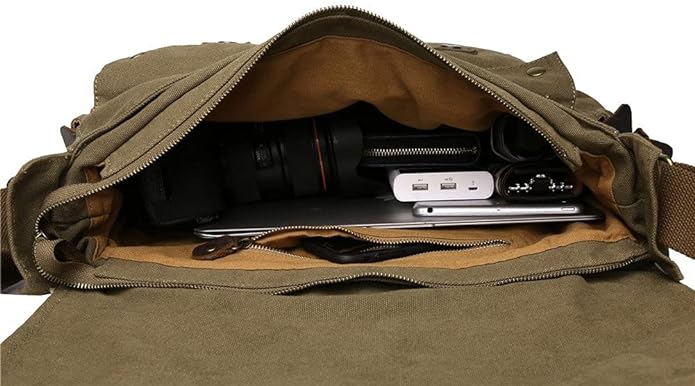 Sechunk Vintage Military Leather Canvas Laptop Bag Messenger Bags Medium - Image 7