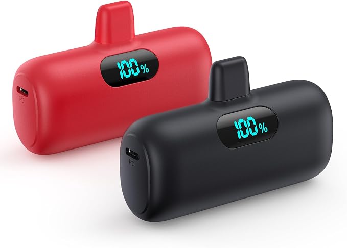[2 Pack]Mini Portable Charger 5000mAh,Ultra-Compact 15W PD Fast Charging Power Bank,LCD Display Cute Battery Pack Backup Charger Compatible with iPhone 14/14 Pro Max/13 Pro/12/11/XR/8/7/6-Green+Purple by Feob