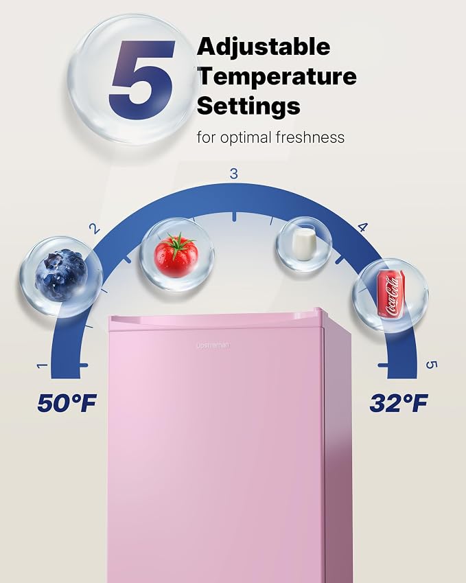 Upstreman 3.2 Cu.Ft Mini Fridge with Freezer, Pink-BR321 | Adjustable Thermostat, Energy Saving, Low Noise, Reversible Door, Small Refrigerator for Dorm, Bedroom, Office - Image 3