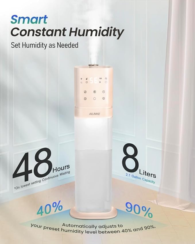 Smart Humidifier Large Room, 2.1Gal/8L Humidifiers for Bedroom with Extended Tube&Night Light, Whole House Cool Mist Humidifiers, WIFI App&Voice Control, Home/Kids/Baby, Pale Pink - Image 9