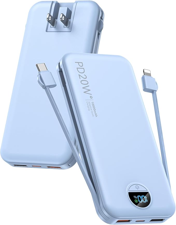 Portable Charger with Built-in Cables and Wall Plug, 10000mAh PD20W USB C Power Bank Fast Charging with LED Display, External Battery Pack Travel Essentials Compatible with iPhone, iPad, Samsung Blue by CITICR